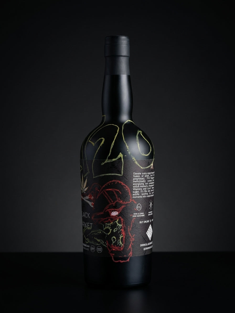 Black Market 750ml bottle detail shot — product imagery — Black Market