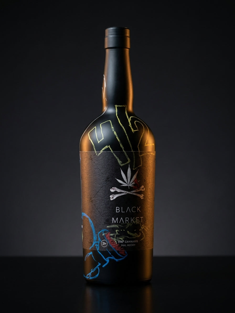 Black Market 750ml bottle detail shot — product imagery — Black Market