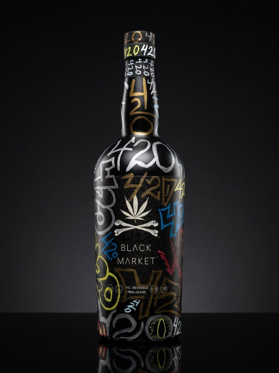 Black Market 750ml bottle product shot — premium hemp-derived spirit alternative — Black Market